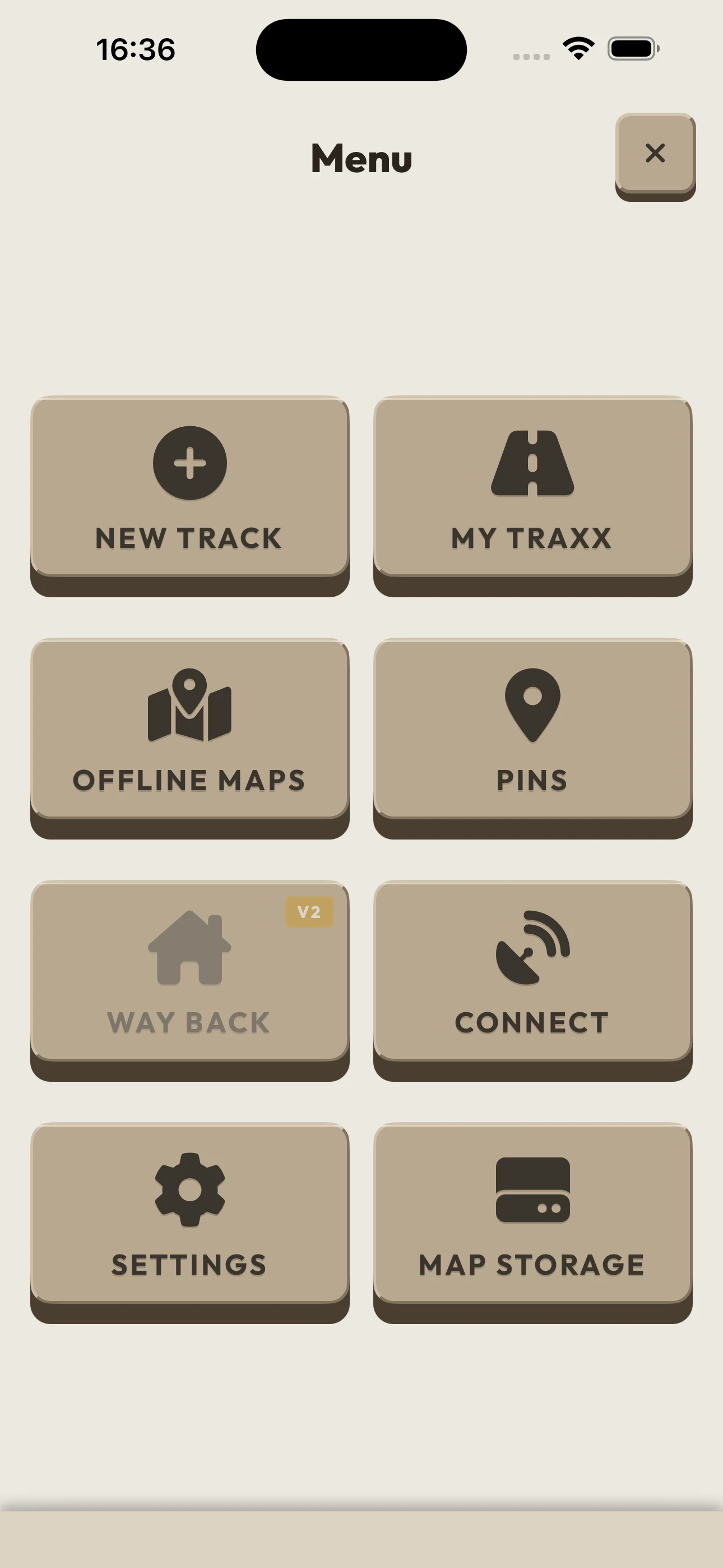 AllTraxx menu with New Track, My Traxx, Offline Maps, Pins, Way Back, Connect, Settings, and Map Storage.