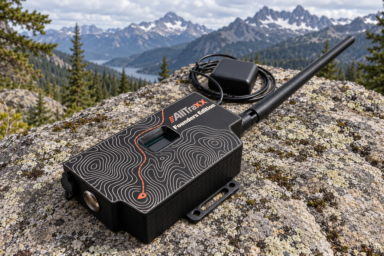 AllTraxx Founders Edition box on a lichen-covered rock above a mountain lake, its antenna and GPS puck attached
