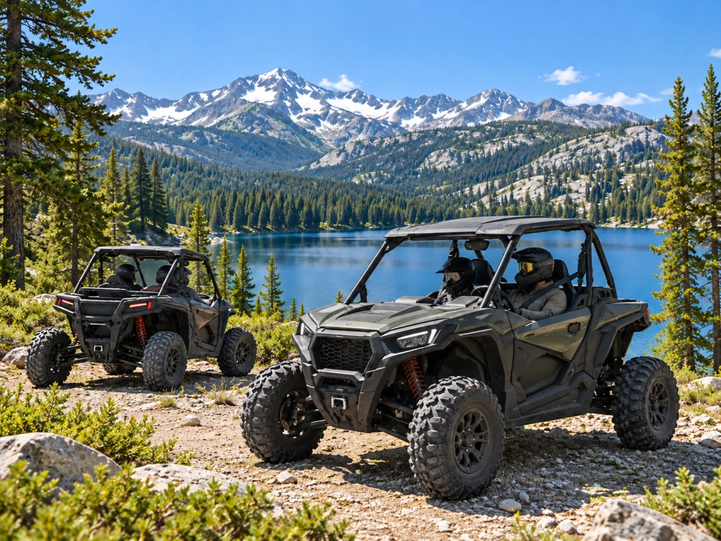 Illustrated off-road crew in two side-by-sides beside a mountain lake