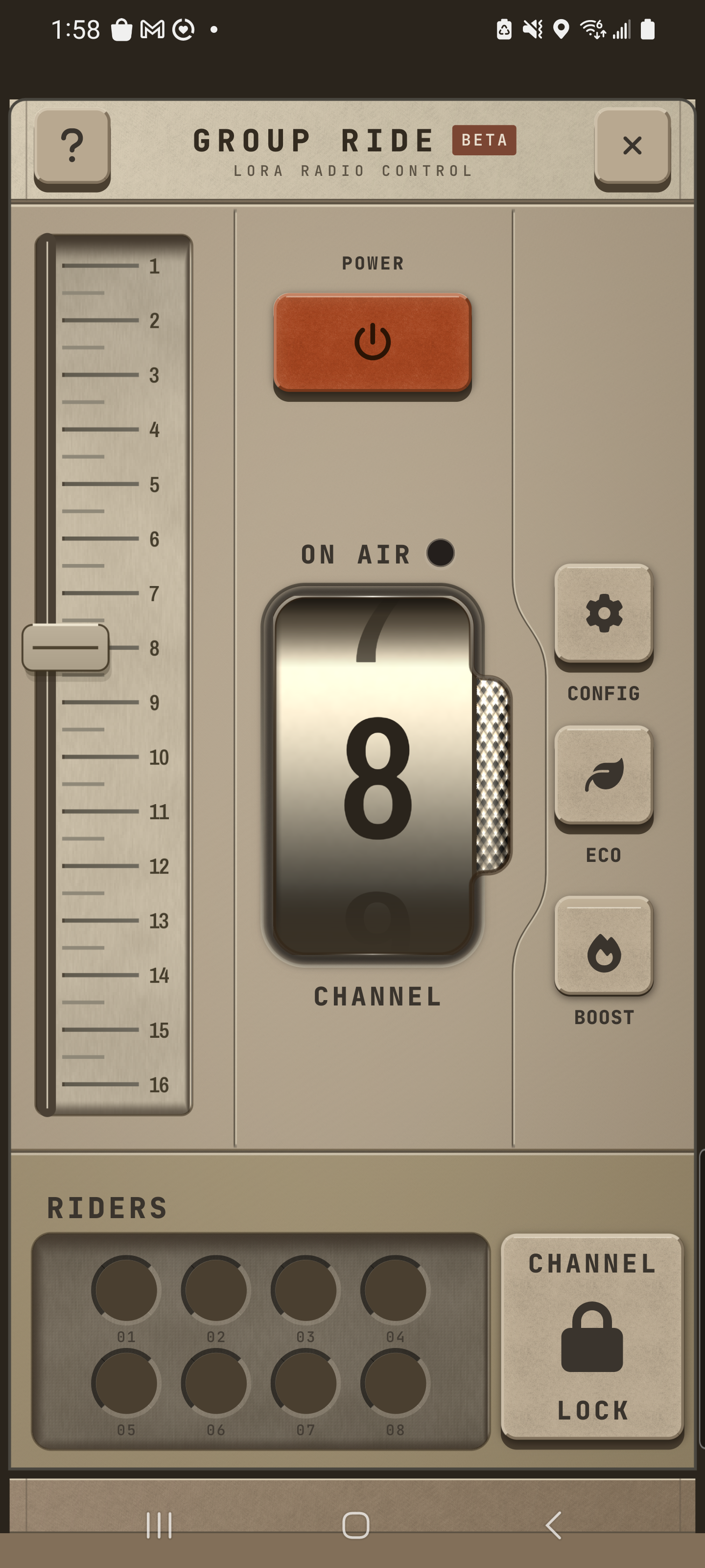 Native Group Ride console detail: channel 8 selected, POWER key, a dark ON AIR lamp and ECO and BOOST keys. No box is connected in this capture.