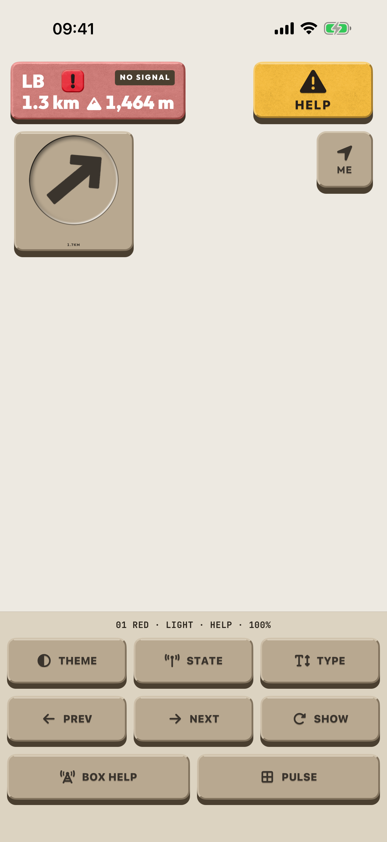 Historical native iPhone DeckLab rider-card header: LB, a red exclamation badge for HELP, and NO SIGNAL at the same time. This is a simulated state.