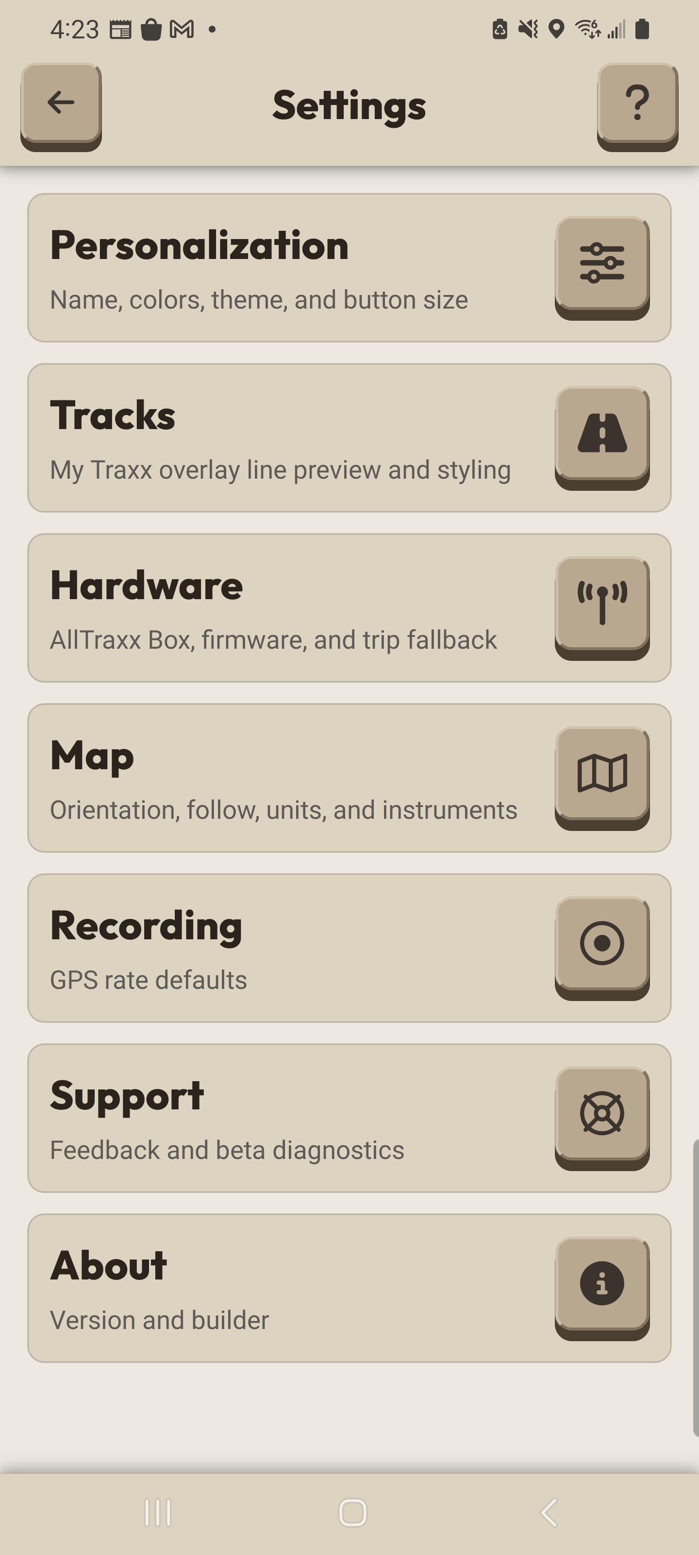 Native AllTraxx Android Settings detail showing Personalization, Tracks, and the Hardware section, whose subtitle includes the box and firmware.