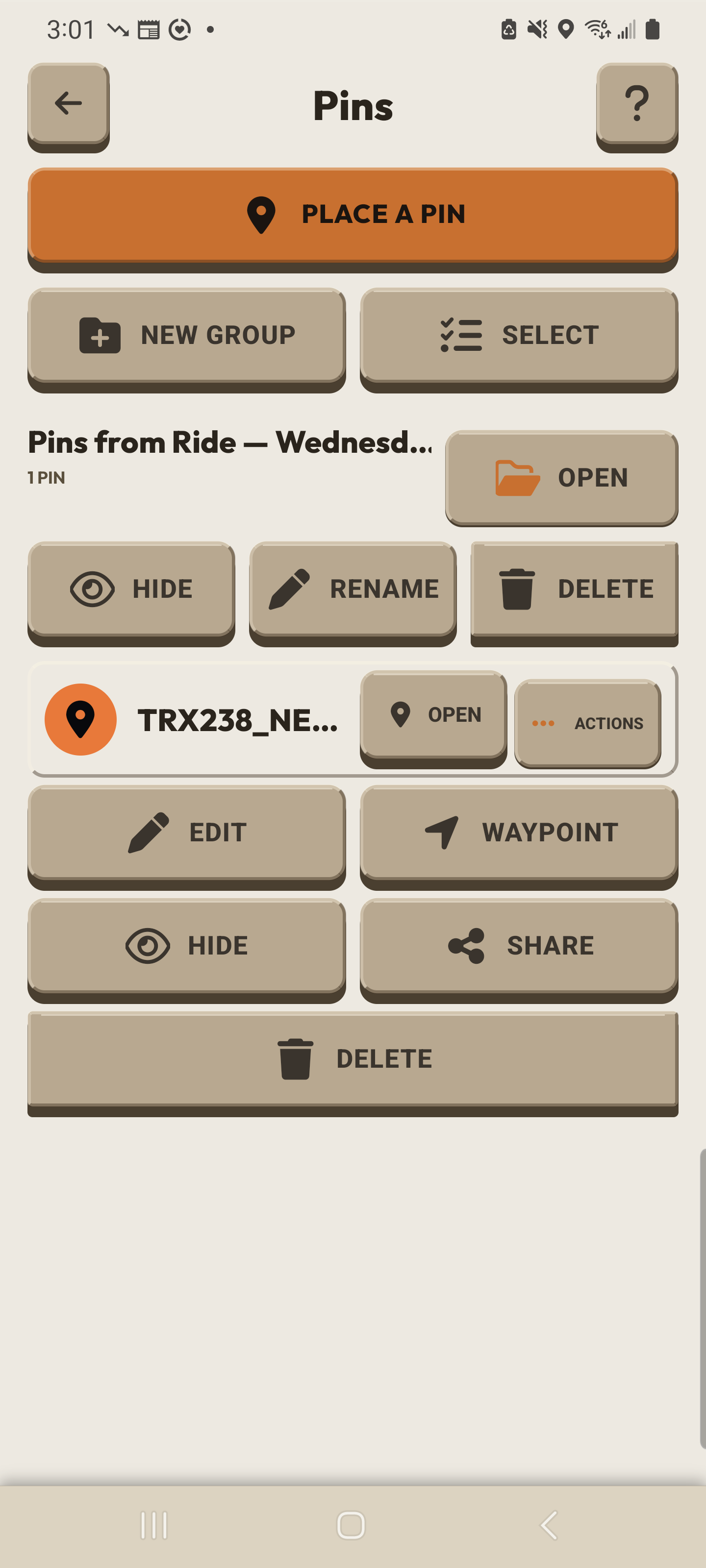 Genuine AllTraxx pin actions showing Edit, Waypoint, Hide, Share and Delete.