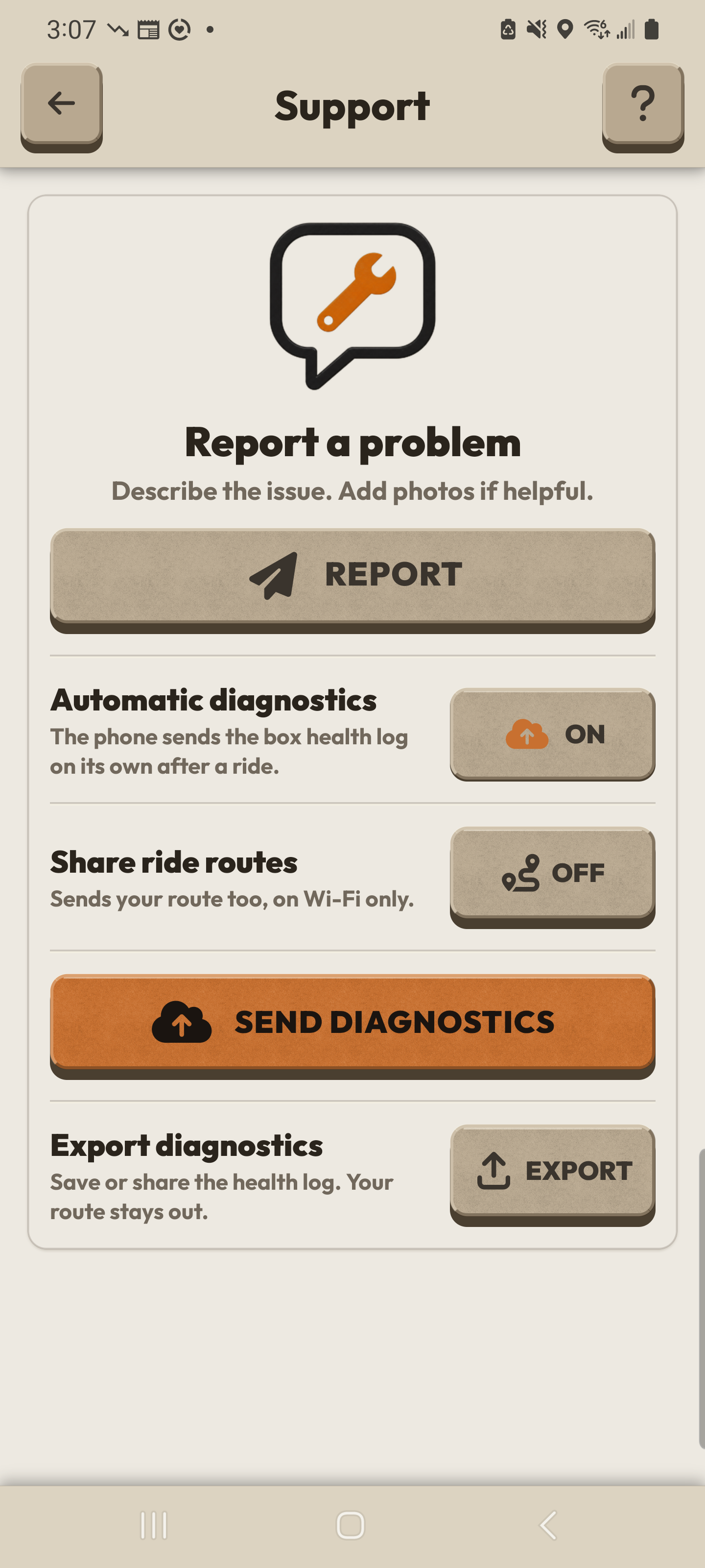 AllTraxx native Support controls: Automatic diagnostics on, Share ride routes off, Send Diagnostics, and Export diagnostics. These states belong to the reference capture.