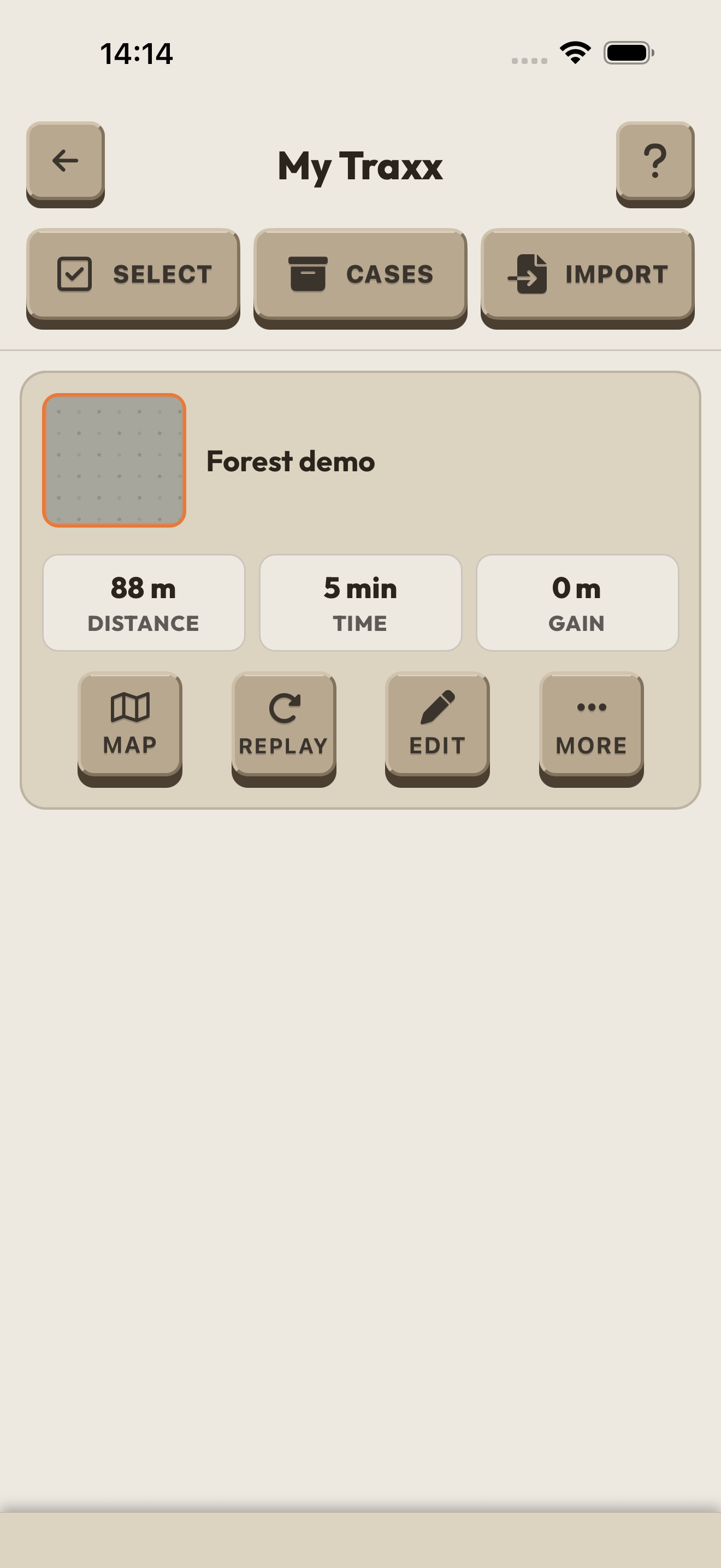 AllTraxx My Traxx library with a synthetic Forest demo ride, 88 metres and five minutes. Map, Replay, Edit and More controls are visible. The app placeholder thumbnail is unchanged.