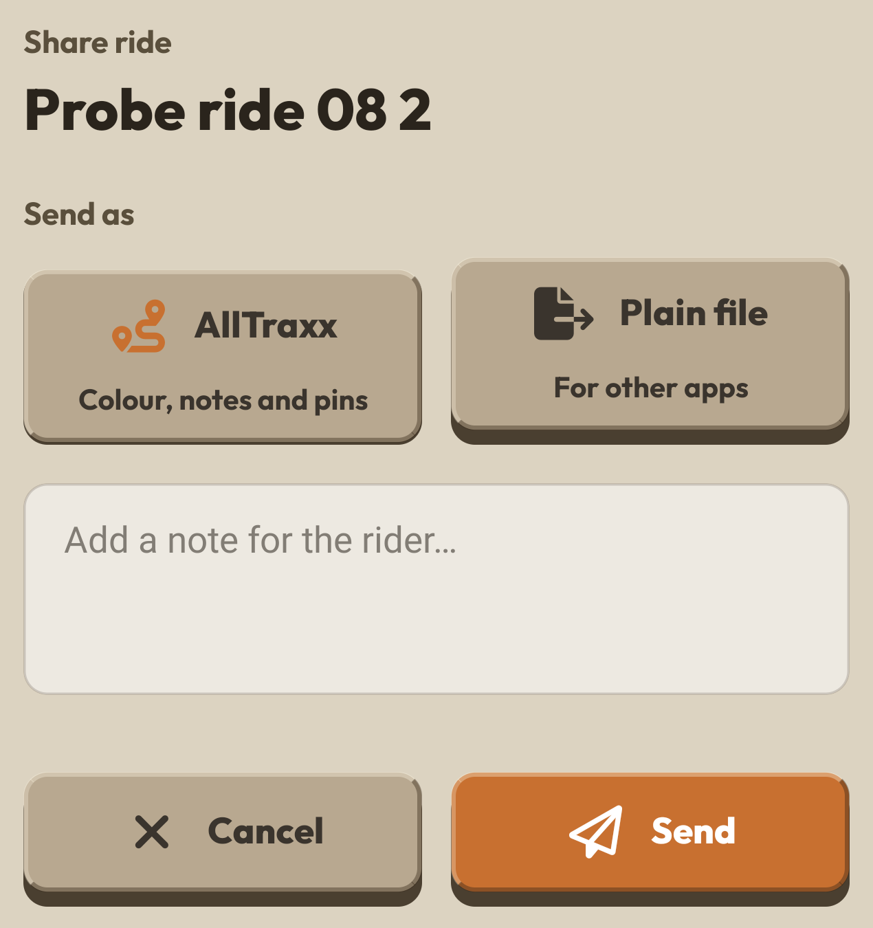 Native Share ride dialog for a test ride. AllTraxx is selected beside Plain file, with a note field and Cancel and Send controls.