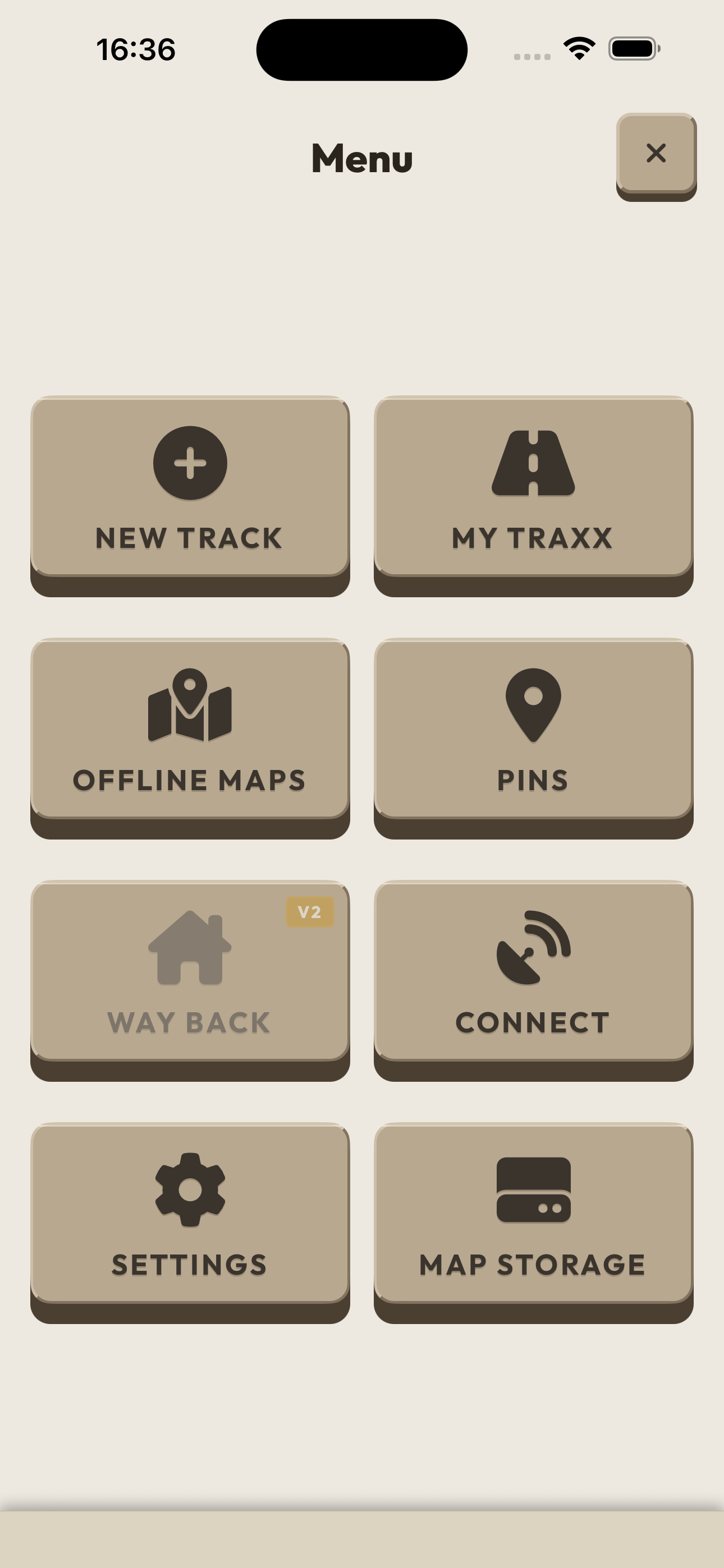 Menu detail from an earlier AllTraxx simulator render: New Track, My Traxx, Offline Maps and Pins.